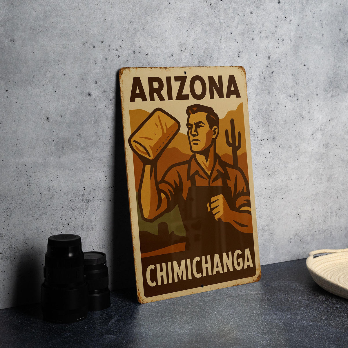 Vintage 1930s Arizona Chimichanga Tin Sign – WPA Style Wall Art, Rustic Metal Decor, Retro Southwest Kitchen Sign — photo 4