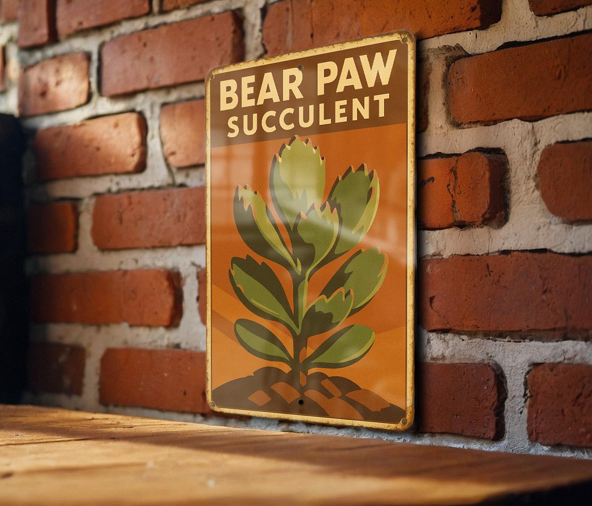 1930s WPA Bear Paw Succulent Tin Sign – Vintage Metal Wall Art, Rustic Mid-Century Decor, Retro Botanical Poster Style — photo 2