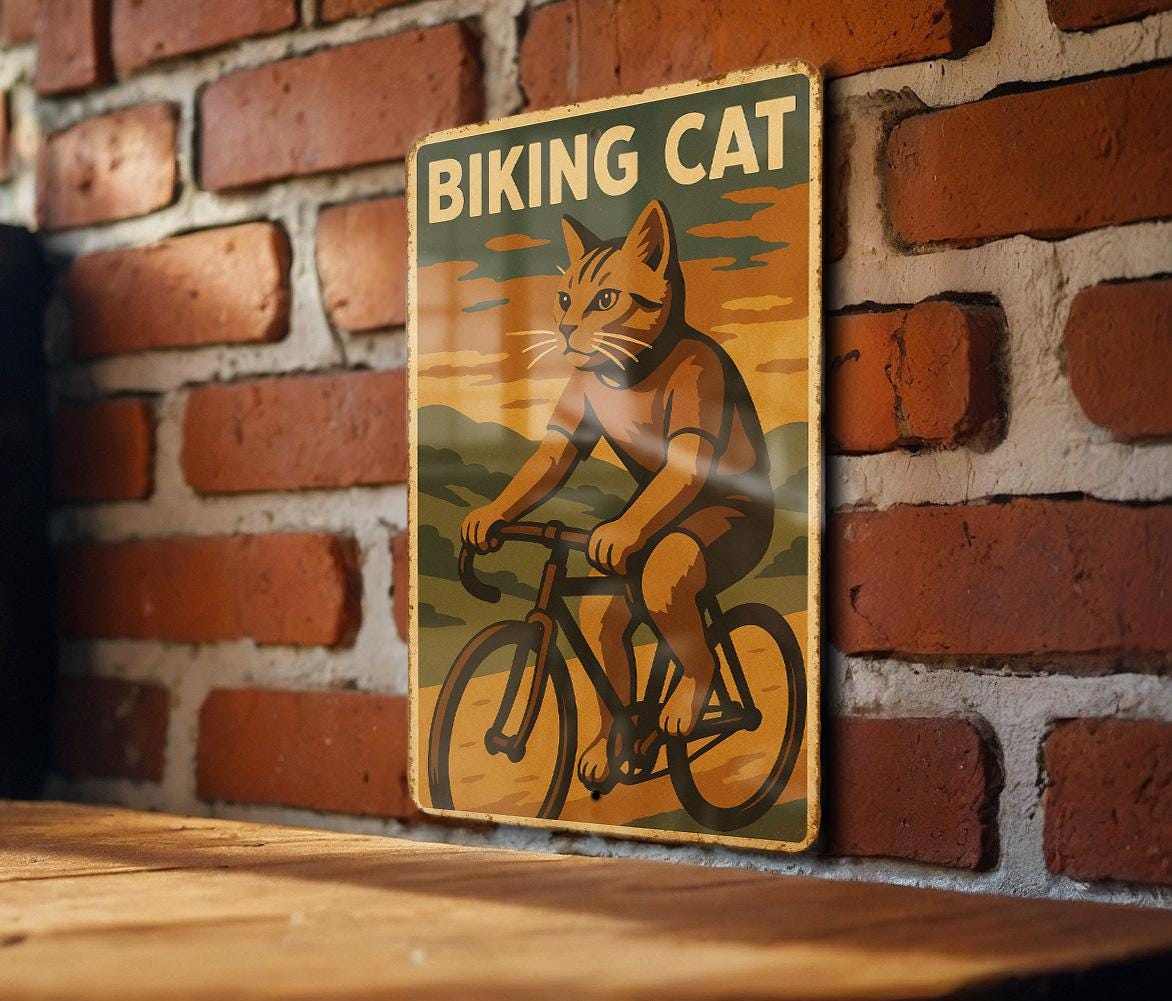 1930s WPA Biking Cat Metal Sign – Vintage Tin Wall Art, Rustic Mid-Century Decor, Retro Cyclist Poster Style Sign — photo 1