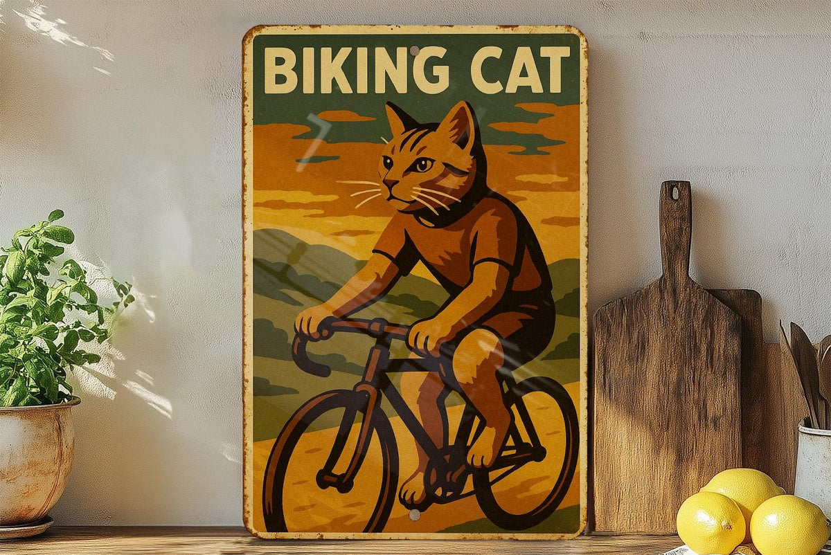 1930s WPA Biking Cat Metal Sign – Vintage Tin Wall Art, Rustic Mid-Century Decor, Retro Cyclist Poster Style Sign — photo 4
