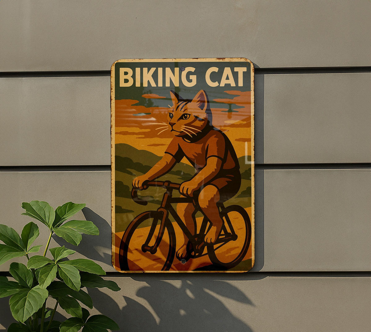 1930s WPA Biking Cat Metal Sign – Vintage Tin Wall Art, Rustic Mid-Century Decor, Retro Cyclist Poster Style Sign — photo 5