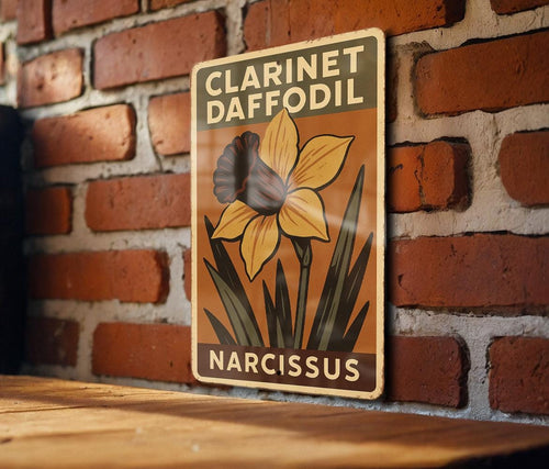 1930s Clarinet Daffodil Tin Sign – WPA Style Metal Wall Art, Vintage Instrument Decor, Rustic Earth-Tone Block Print — photo 1