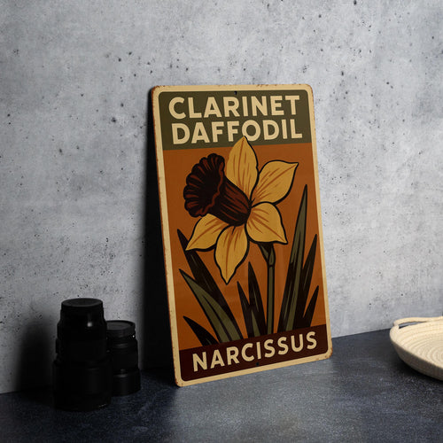 1930s Clarinet Daffodil Tin Sign – WPA Style Metal Wall Art, Vintage Instrument Decor, Rustic Earth-Tone Block Print — photo 2