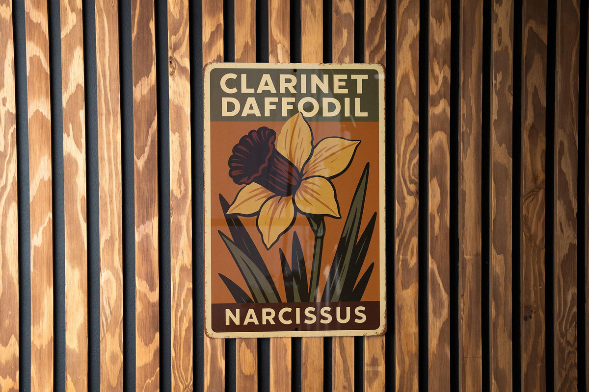 1930s Clarinet Daffodil Tin Sign – WPA Style Metal Wall Art, Vintage Instrument Decor, Rustic Earth-Tone Block Print — photo 3