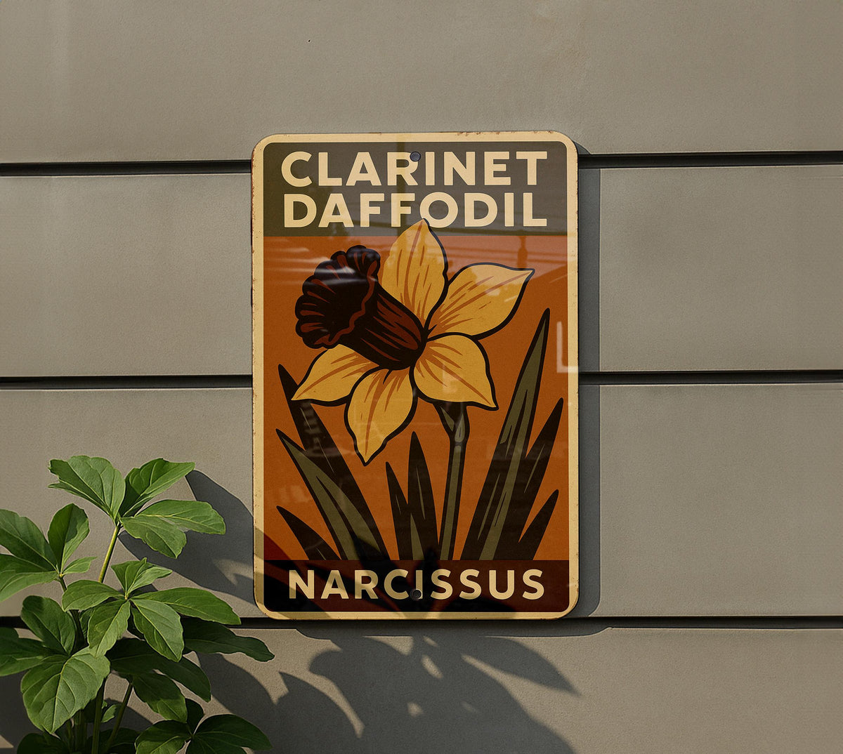 1930s Clarinet Daffodil Tin Sign – WPA Style Metal Wall Art, Vintage Instrument Decor, Rustic Earth-Tone Block Print — photo 5
