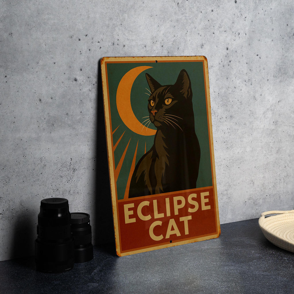 Vintage Eclipse Cat Tin Sign 1930s WPA Style Wall Art – Rustic Metal Plaque with Retro Colors & Heroic Mid-Century Design — photo 1