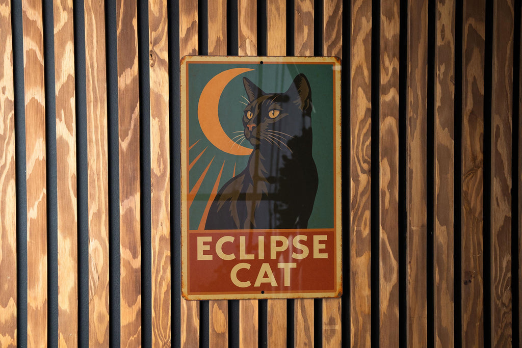 Vintage Eclipse Cat Tin Sign 1930s WPA Style Wall Art – Rustic Metal Plaque with Retro Colors & Heroic Mid-Century Design — photo 2