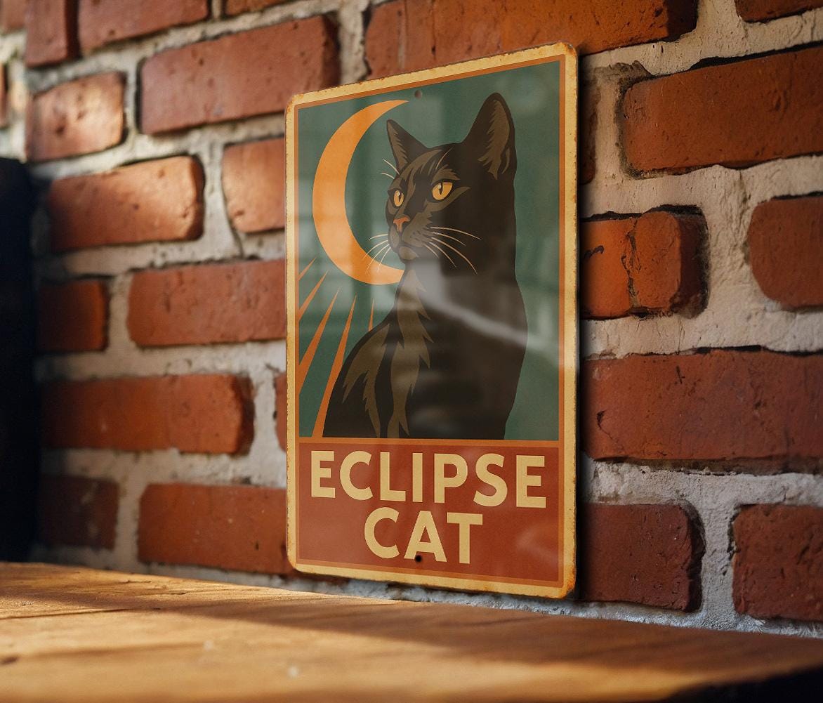 Vintage Eclipse Cat Tin Sign 1930s WPA Style Wall Art – Rustic Metal Plaque with Retro Colors & Heroic Mid-Century Design — photo 3