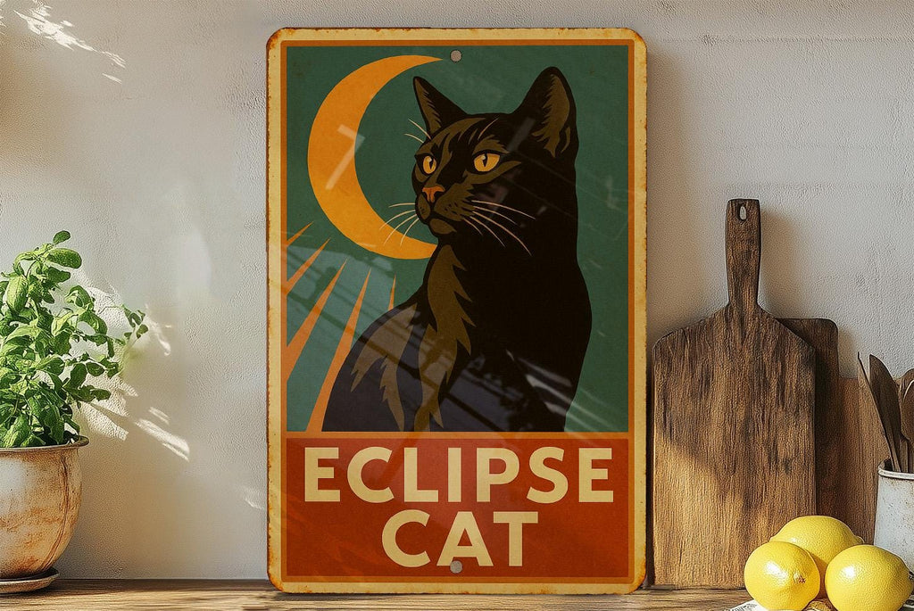 Vintage Eclipse Cat Tin Sign 1930s WPA Style Wall Art – Rustic Metal Plaque with Retro Colors & Heroic Mid-Century Design — photo 4