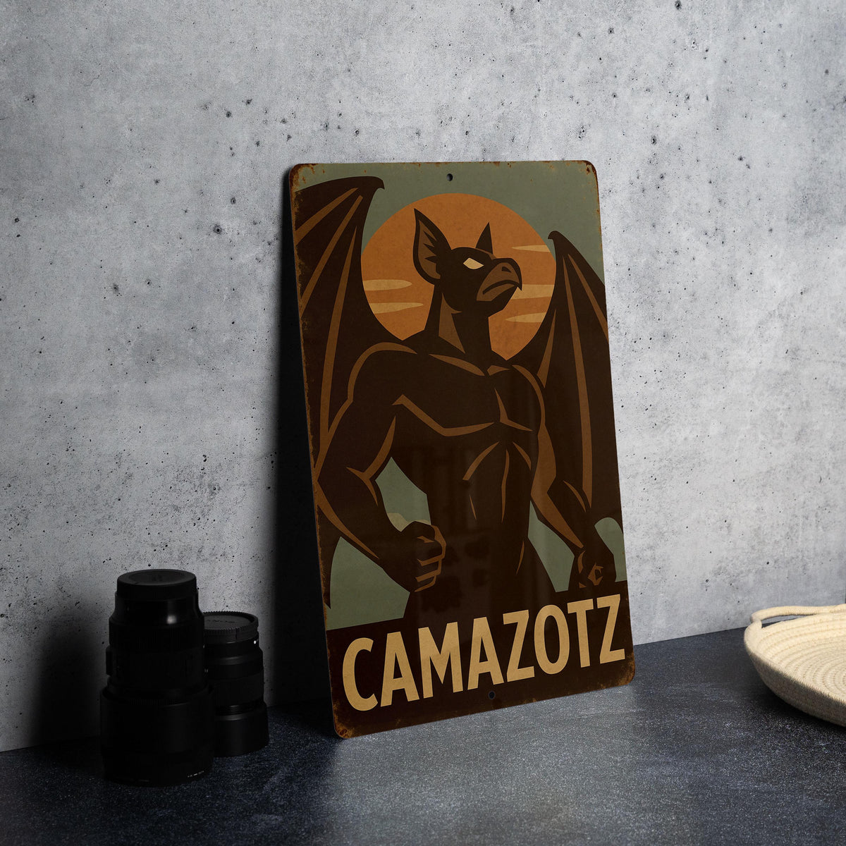 1930s Camazotz WPA-Style Metal Sign – Vintage Tin Wall Art, Earthy Mid-Tones, Rustic Heroic Decor, Retro Industrial Plaque — photo 3