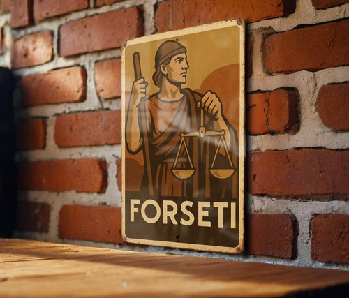 1930s Forseti WPA-Style Metal Sign – Vintage Tin Wall Art, Earthy Mid-Tone Decor, Heroic Norse God, Rustic Industrial Plaque — photo 2