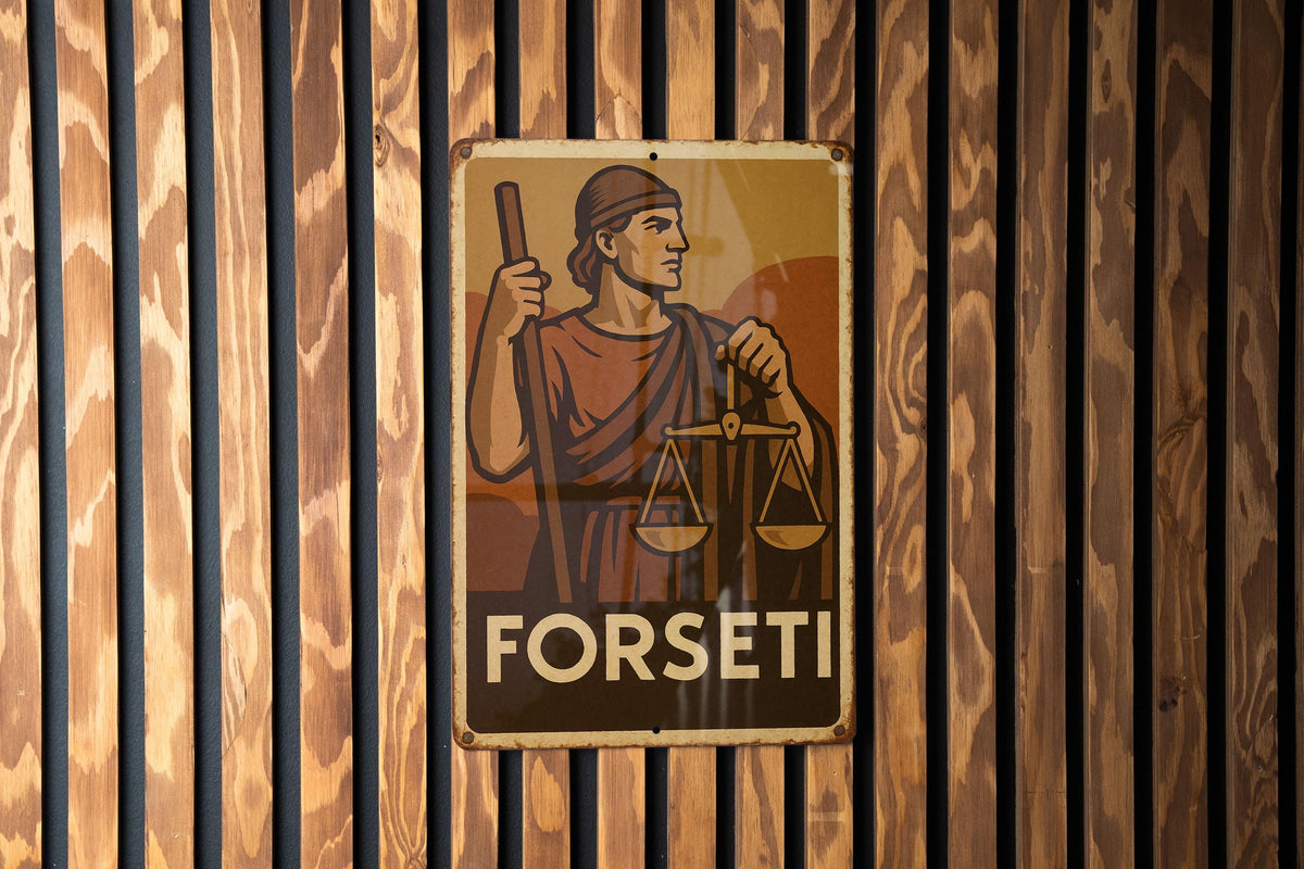 1930s Forseti WPA-Style Metal Sign – Vintage Tin Wall Art, Earthy Mid-Tone Decor, Heroic Norse God, Rustic Industrial Plaque — photo 3