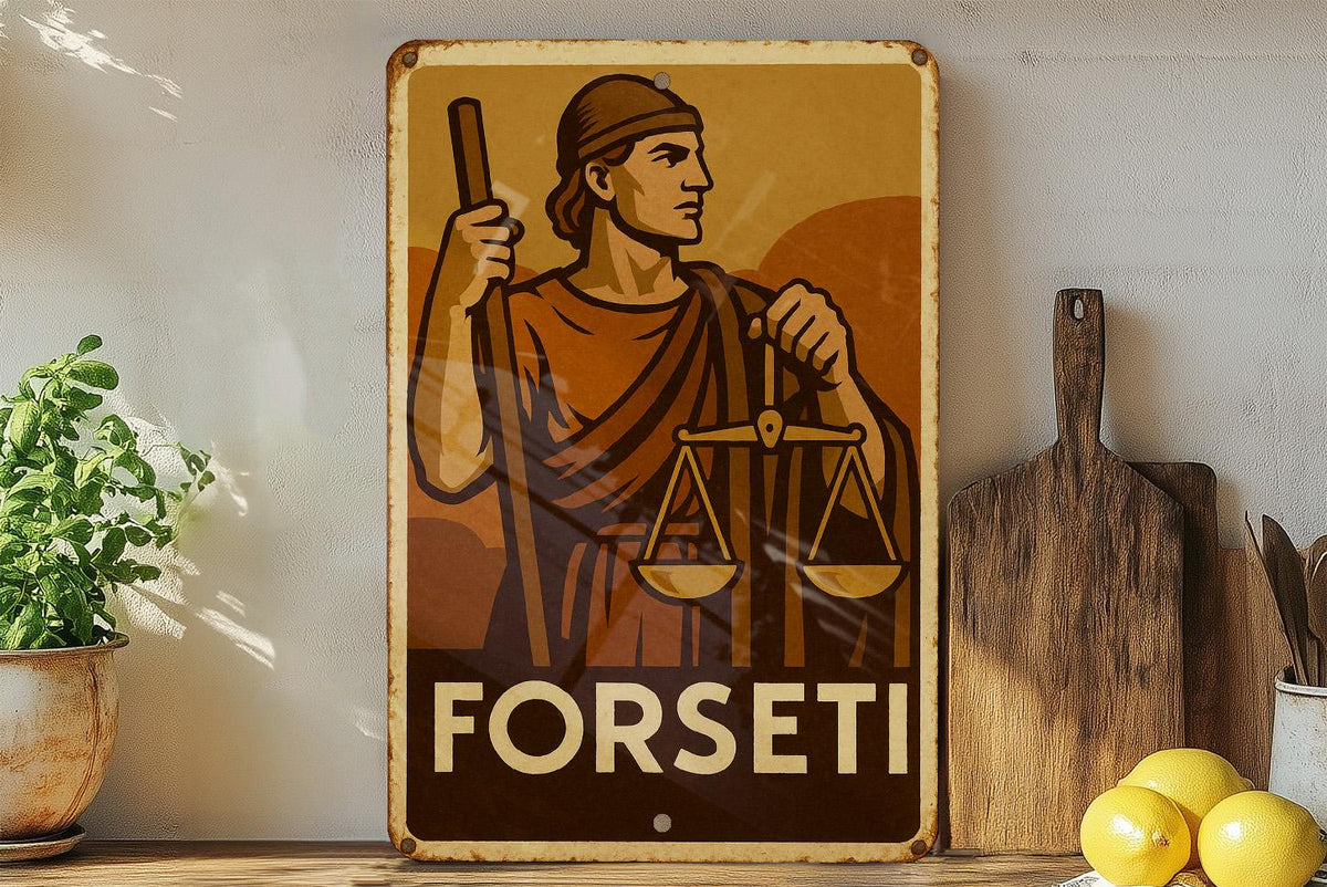 1930s Forseti WPA-Style Metal Sign – Vintage Tin Wall Art, Earthy Mid-Tone Decor, Heroic Norse God, Rustic Industrial Plaque — photo 4
