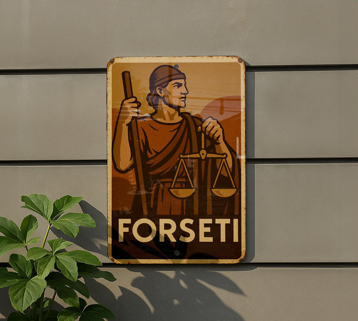 1930s Forseti WPA-Style Metal Sign – Vintage Tin Wall Art, Earthy Mid-Tone Decor, Heroic Norse God, Rustic Industrial Plaque — photo 5