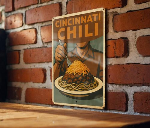 1930s Cincinnati Chili WPA Tin Sign – Vintage Metal Wall Art, Rustic Kitchen Decor, Retro Earth Tones, Heroic Style Print — photo 1