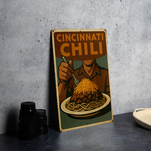 1930s Cincinnati Chili WPA Tin Sign – Vintage Metal Wall Art, Rustic Kitchen Decor, Retro Earth Tones, Heroic Style Print — photo 2