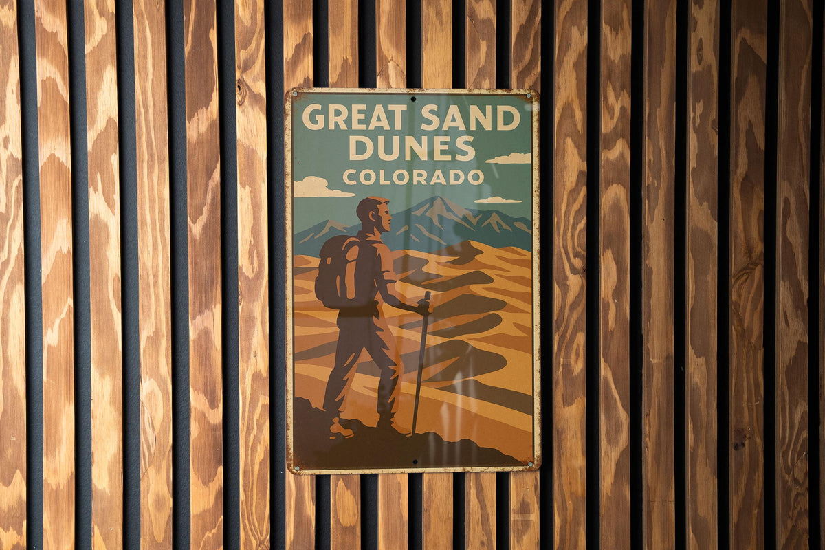 1930s WPA Great Sand Dunes Tin Sign – Vintage Colorado Metal Wall Art, Rustic Earth Tones, Retro National Park Decor — photo 1