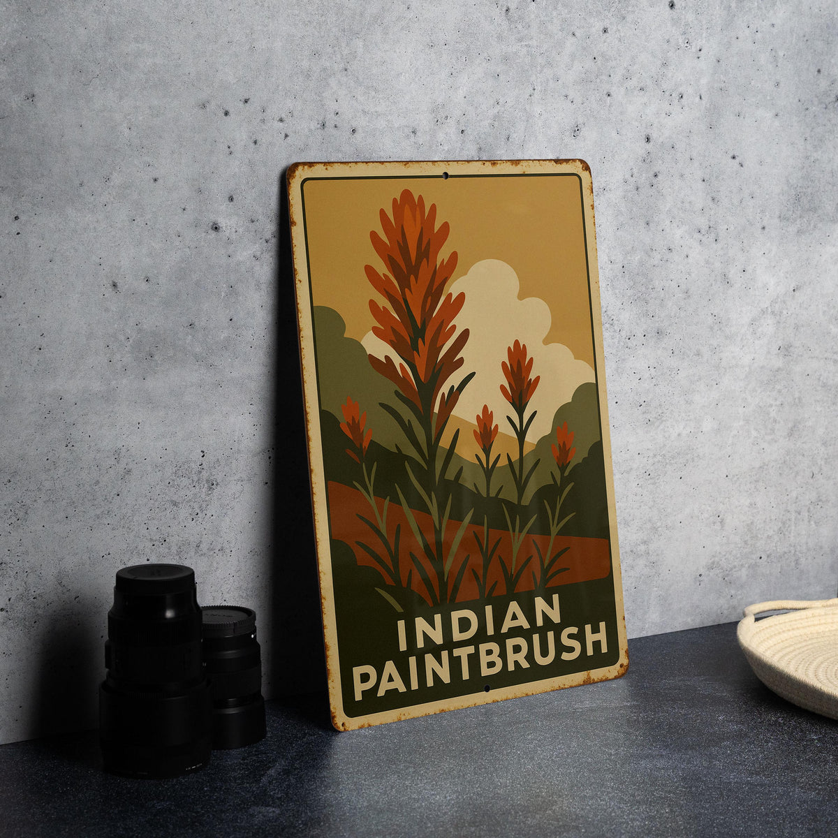 1930s WPA Indian Paintbrush Tin Sign – Vintage Metal Wall Art, Rustic Earth Tones, Retro Botanical Decor, Mid-Century Style — photo 2
