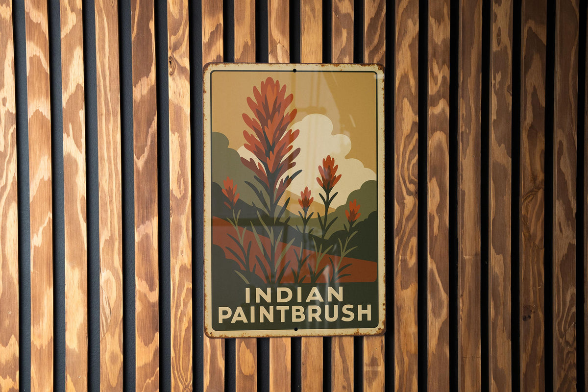 1930s WPA Indian Paintbrush Tin Sign – Vintage Metal Wall Art, Rustic Earth Tones, Retro Botanical Decor, Mid-Century Style — photo 3