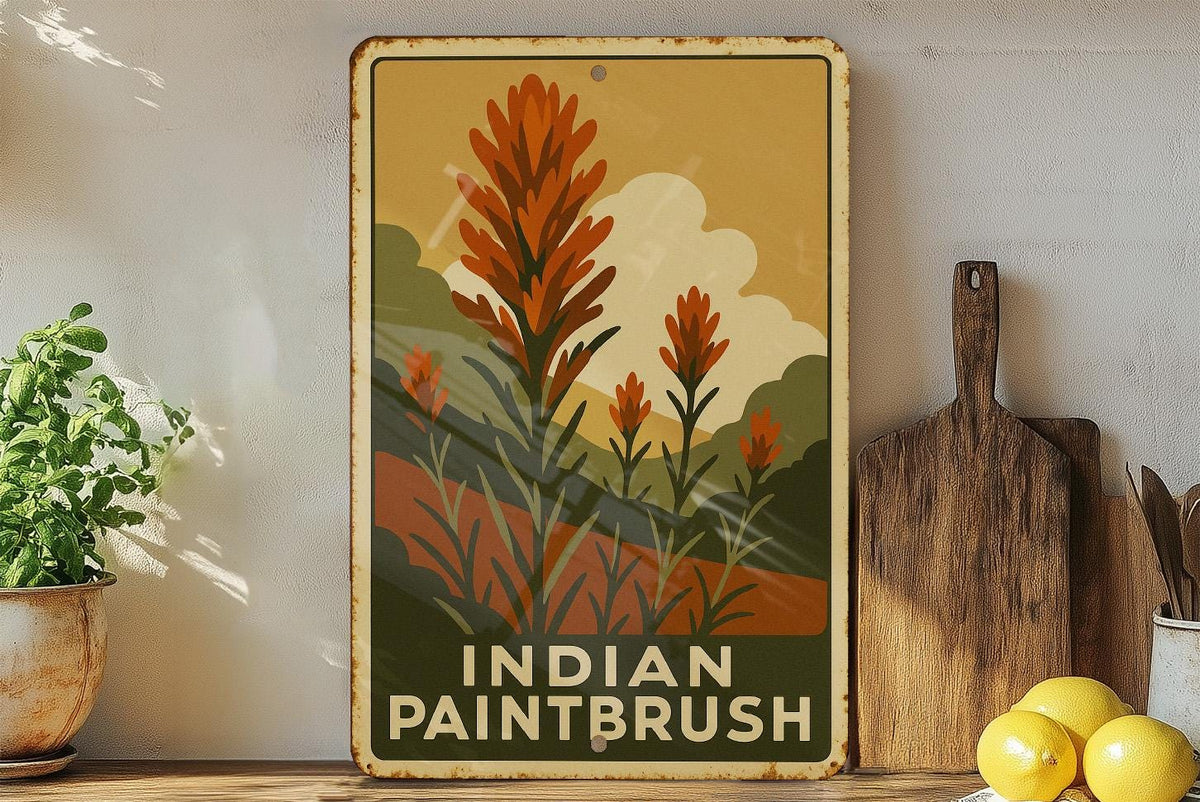 1930s WPA Indian Paintbrush Tin Sign – Vintage Metal Wall Art, Rustic Earth Tones, Retro Botanical Decor, Mid-Century Style — photo 4
