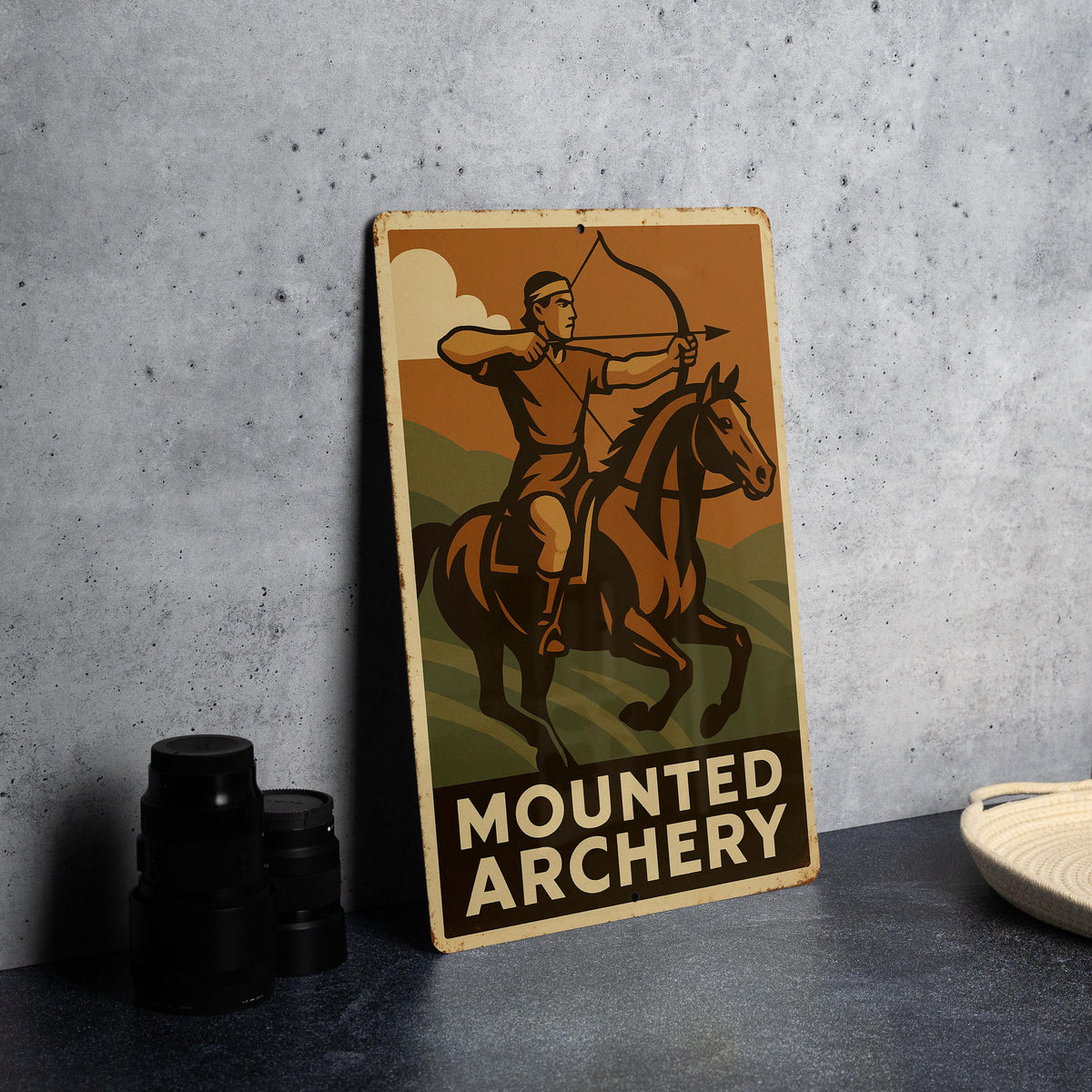 Vintage 1930s WPA Style Mounted Archery Tin Sign – Rustic Metal Wall Art, Equestrian Decor, Retro Block Colors, Heroic Design — photo 1