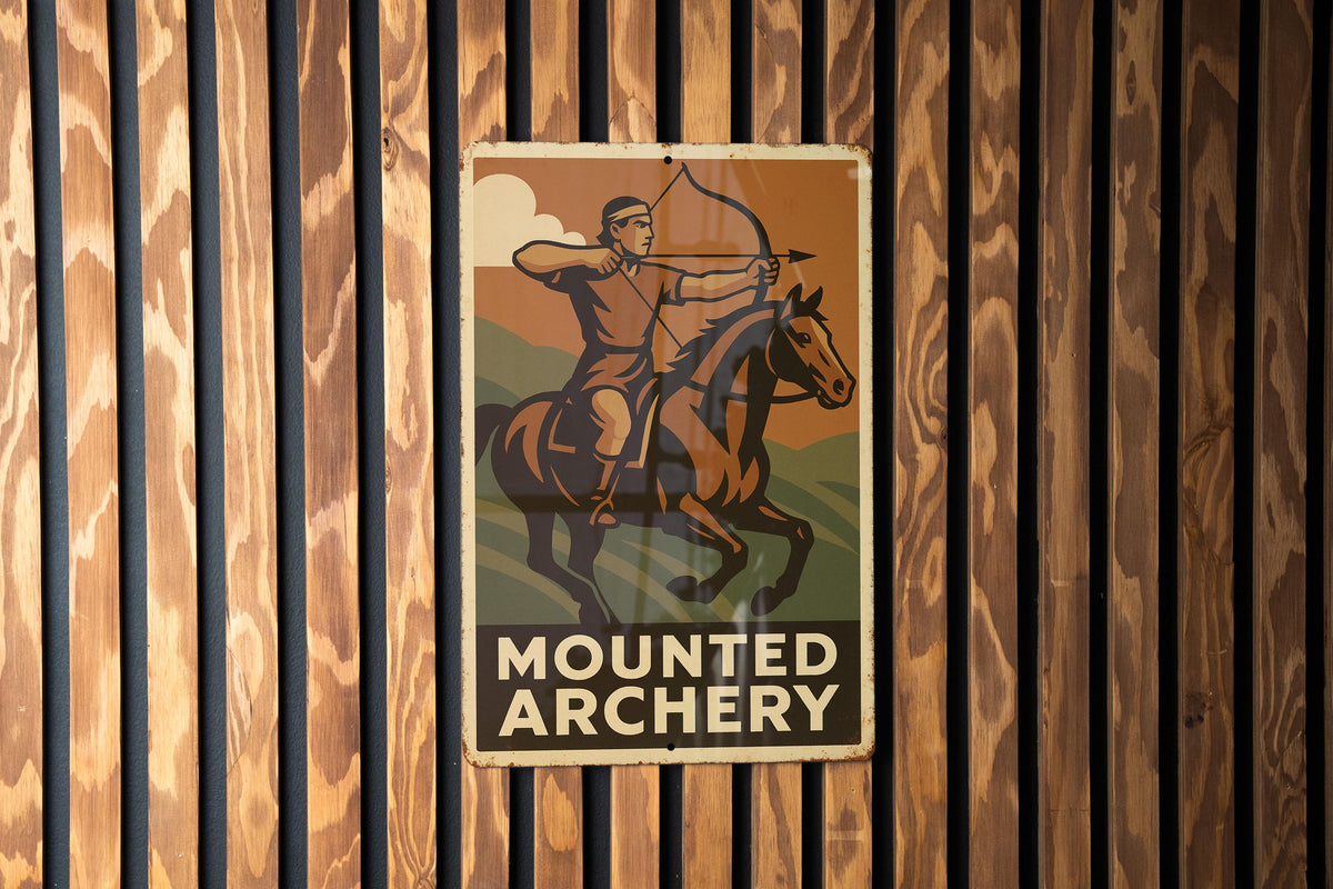 Vintage 1930s WPA Style Mounted Archery Tin Sign – Rustic Metal Wall Art, Equestrian Decor, Retro Block Colors, Heroic Design — photo 2