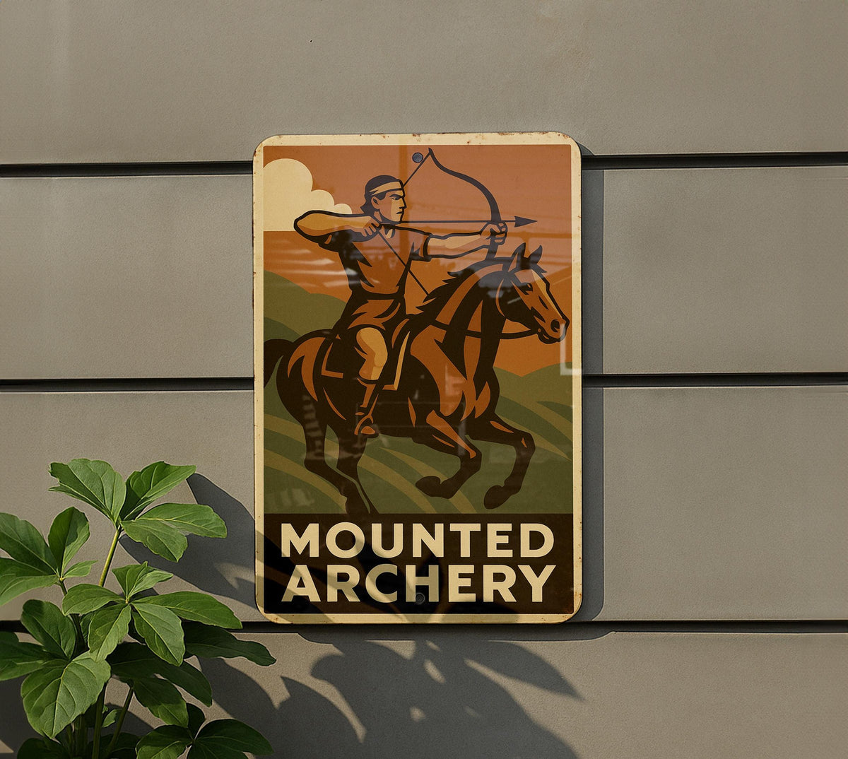 Vintage 1930s WPA Style Mounted Archery Tin Sign – Rustic Metal Wall Art, Equestrian Decor, Retro Block Colors, Heroic Design — photo 5