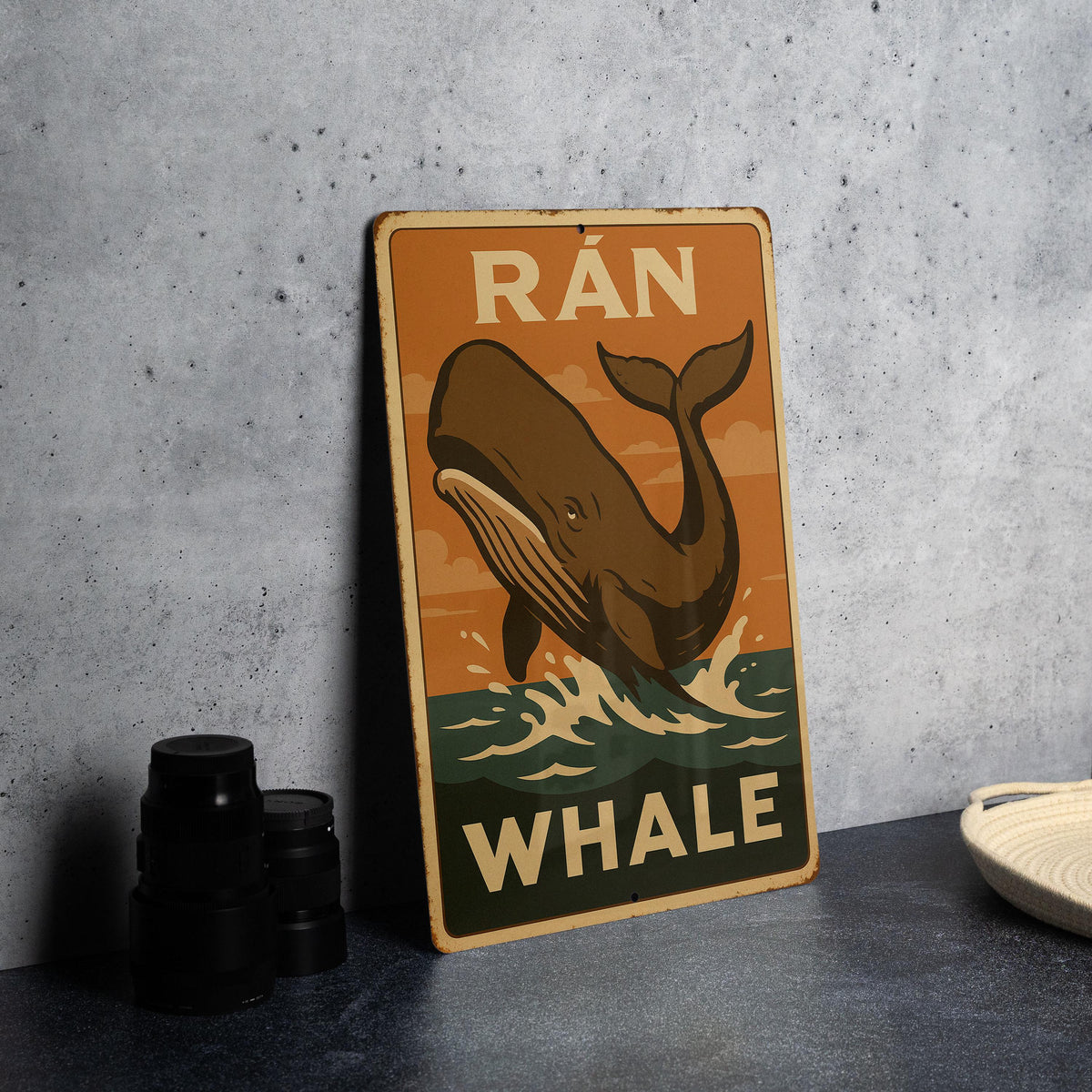 1930s Rán Whale WPA-Style Metal Sign – Vintage Tin Wall Art, Rustic Mid-Century Decor, Earthy Tones, Retro Ocean Poster — photo 1