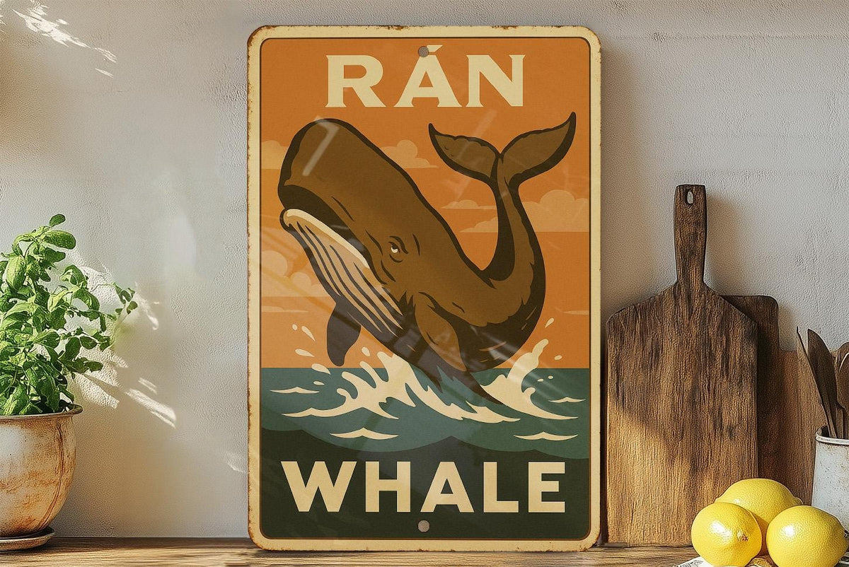 1930s Rán Whale WPA-Style Metal Sign – Vintage Tin Wall Art, Rustic Mid-Century Decor, Earthy Tones, Retro Ocean Poster — photo 4