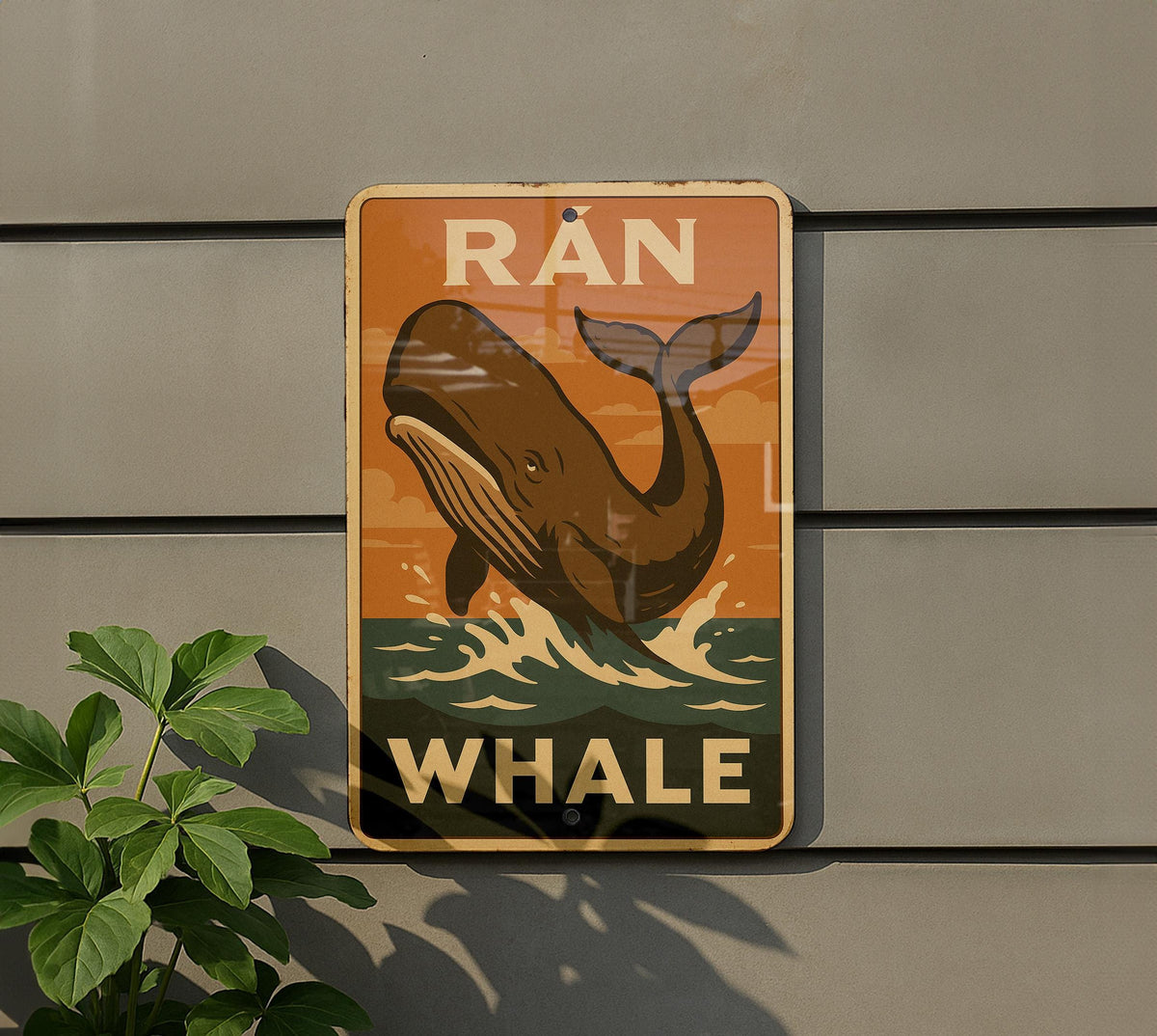 1930s Rán Whale WPA-Style Metal Sign – Vintage Tin Wall Art, Rustic Mid-Century Decor, Earthy Tones, Retro Ocean Poster — photo 5