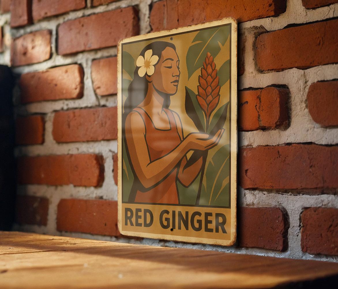 1930s WPA Style Red Ginger Tin Sign – Vintage Metal Wall Art, Rustic Earth Tone Decor, Retro Heroic Design, Aged Finish — photo 1