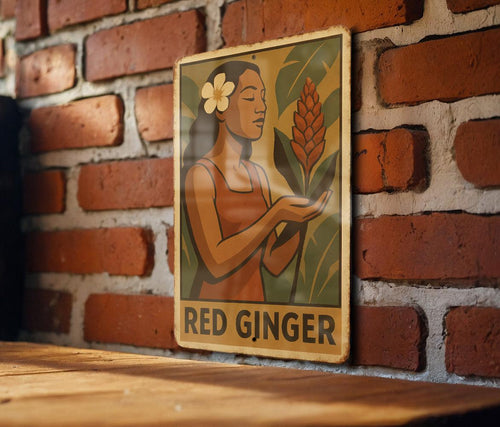 1930s WPA Style Red Ginger Tin Sign – Vintage Metal Wall Art, Rustic Earth Tone Decor, Retro Heroic Design, Aged Finish — photo 1
