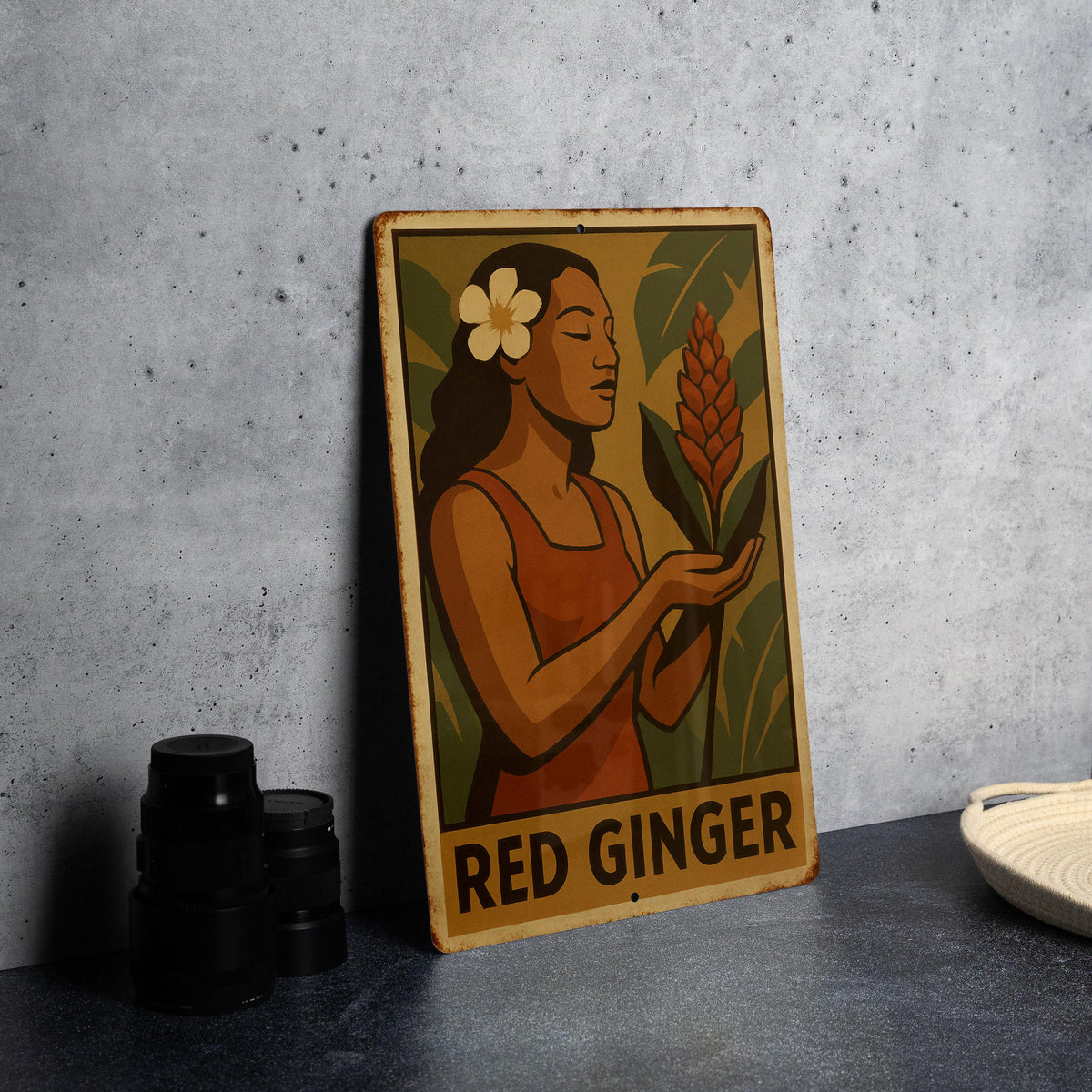 1930s WPA Style Red Ginger Tin Sign – Vintage Metal Wall Art, Rustic Earth Tone Decor, Retro Heroic Design, Aged Finish — photo 2