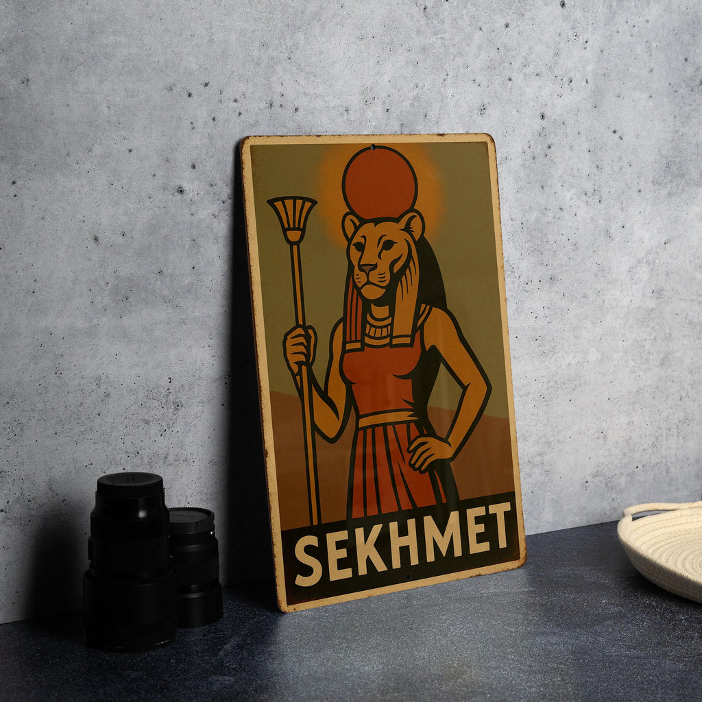Sekhmet Goddess Metal Sign 1930s WPA Style Wall Art – Vintage Tin Decor, Earthy Mid-Tones, Retro Egyptian Home Signage — photo 1