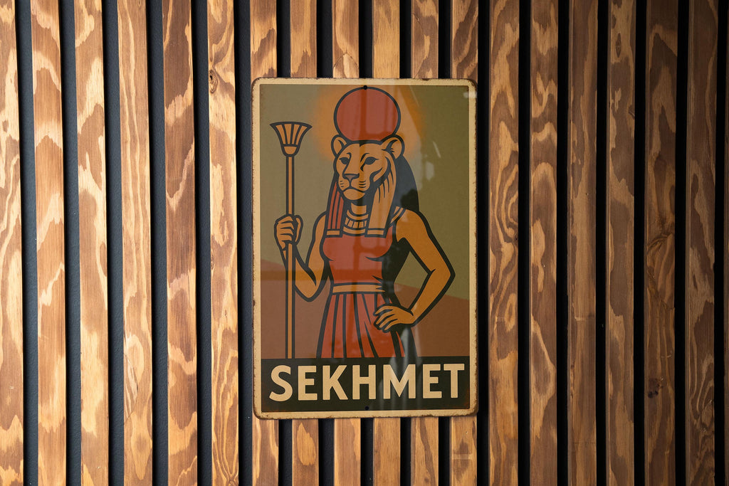 Sekhmet Goddess Metal Sign 1930s WPA Style Wall Art – Vintage Tin Decor, Earthy Mid-Tones, Retro Egyptian Home Signage — photo 2