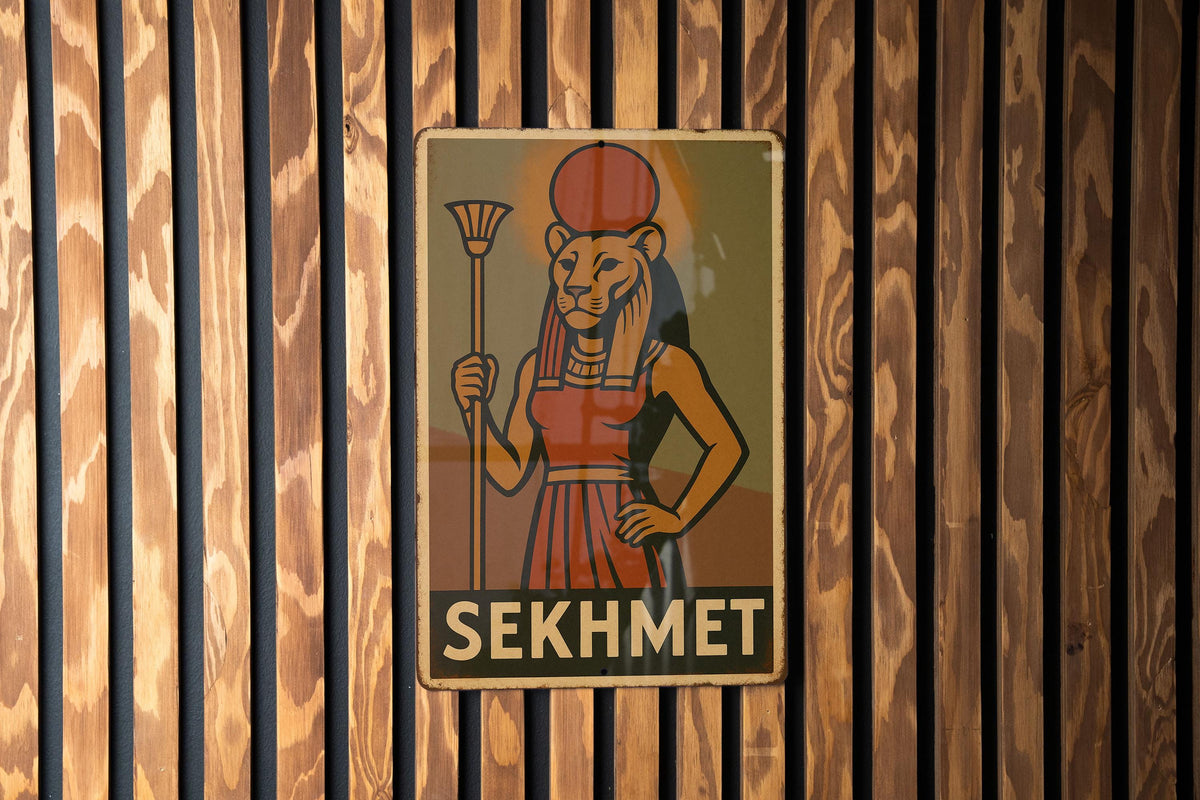 Sekhmet Goddess Metal Sign 1930s WPA Style Wall Art – Vintage Tin Decor, Earthy Mid-Tones, Retro Egyptian Home Signage — photo 2