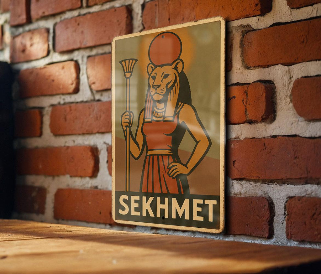 Sekhmet Goddess Metal Sign 1930s WPA Style Wall Art – Vintage Tin Decor, Earthy Mid-Tones, Retro Egyptian Home Signage — photo 3