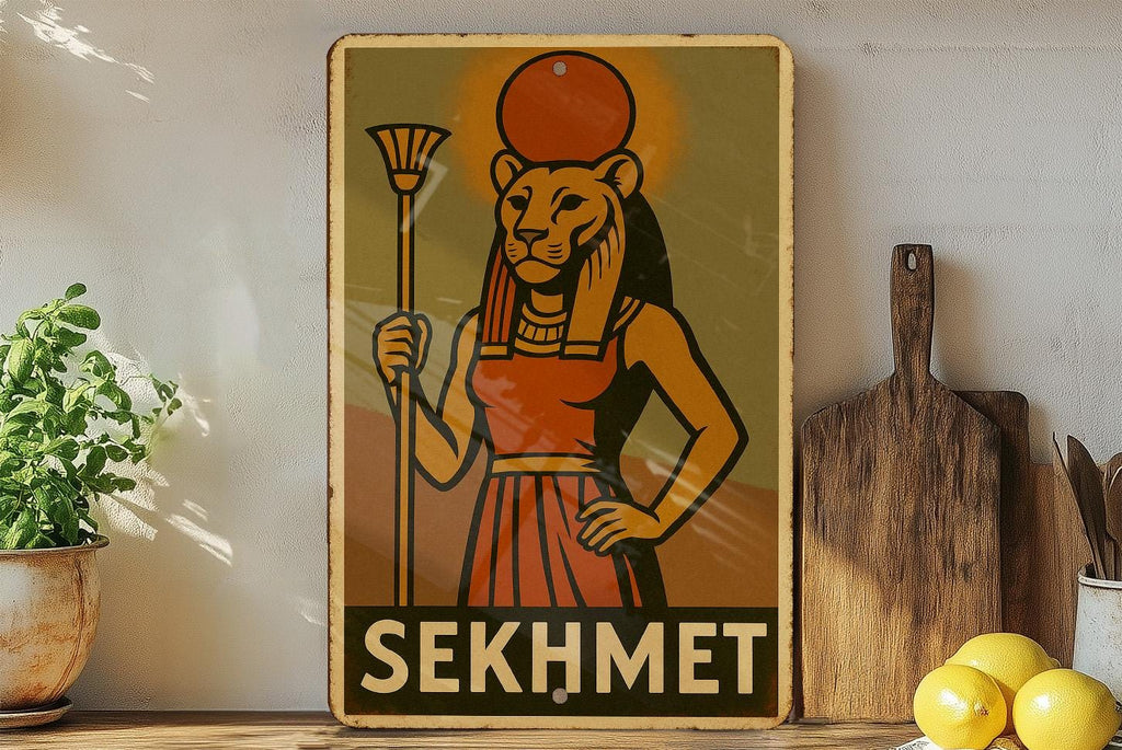 Sekhmet Goddess Metal Sign 1930s WPA Style Wall Art – Vintage Tin Decor, Earthy Mid-Tones, Retro Egyptian Home Signage — photo 4