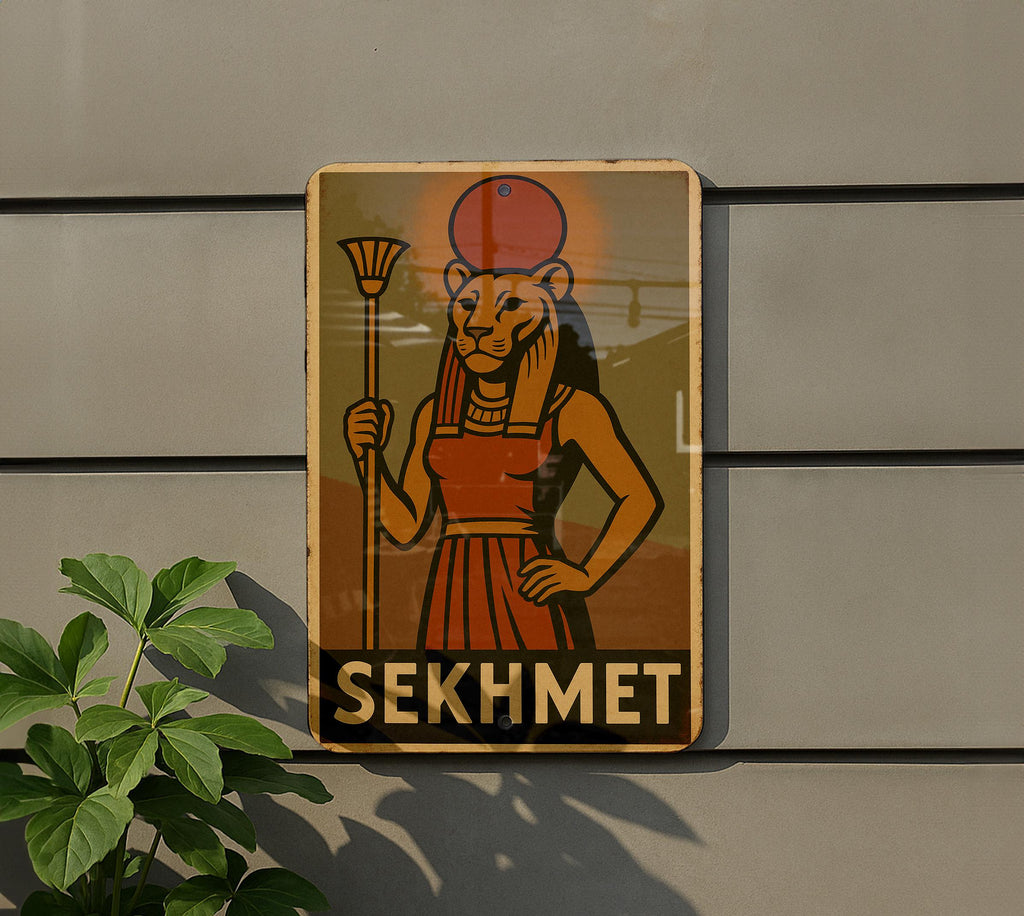 Sekhmet Goddess Metal Sign 1930s WPA Style Wall Art – Vintage Tin Decor, Earthy Mid-Tones, Retro Egyptian Home Signage — photo 5