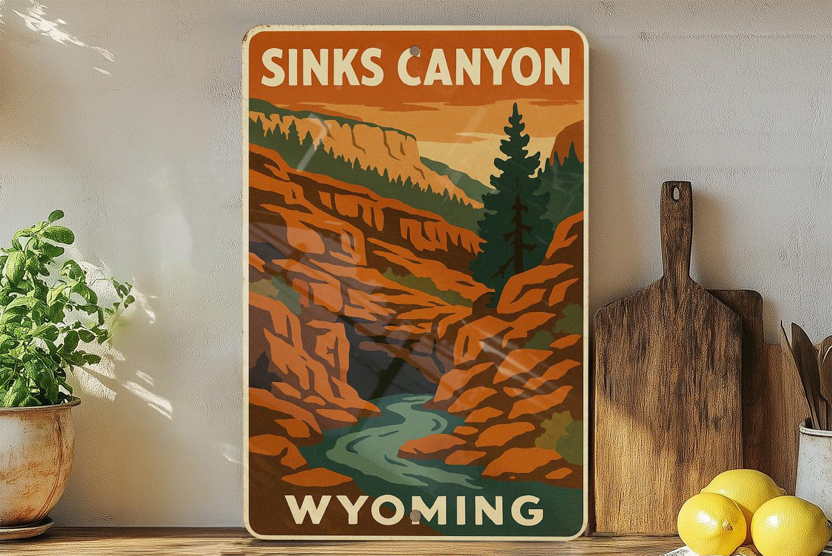 1930s Sinks Canyon Wyoming Tin Sign – WPA Style Metal Wall Art, Vintage Rustic Decor, Retro National Park Artwork — photo 4