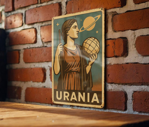 1930s Urania WPA-Style Metal Sign – Vintage Earthy Mid-Tone Tin Wall Art, Heroic Retro Design, Rustic Industrial Decor — photo 1