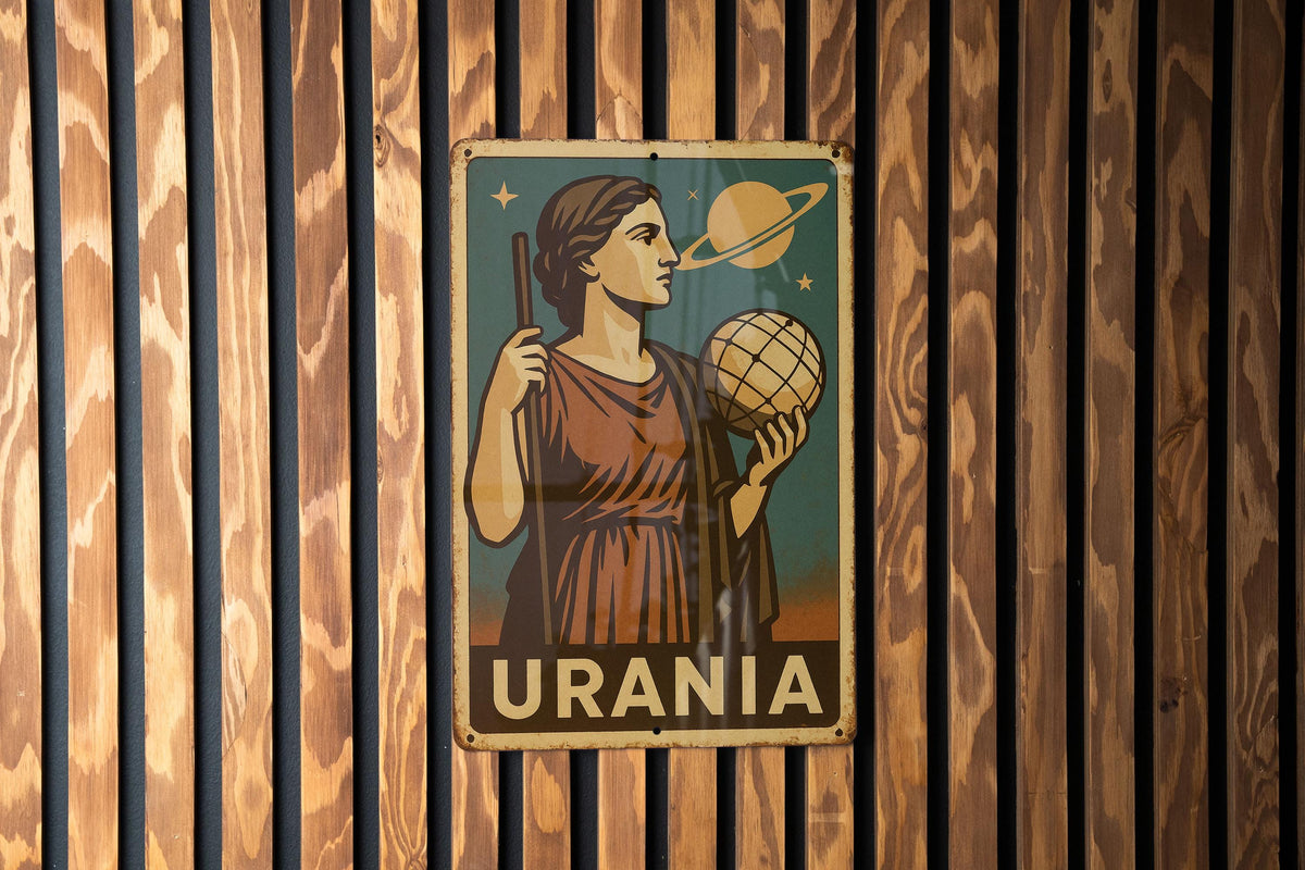 1930s Urania WPA-Style Metal Sign – Vintage Earthy Mid-Tone Tin Wall Art, Heroic Retro Design, Rustic Industrial Decor — photo 2