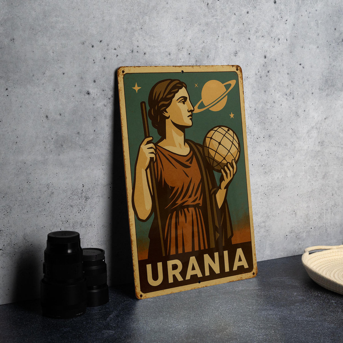 1930s Urania WPA-Style Metal Sign – Vintage Earthy Mid-Tone Tin Wall Art, Heroic Retro Design, Rustic Industrial Decor — photo 3