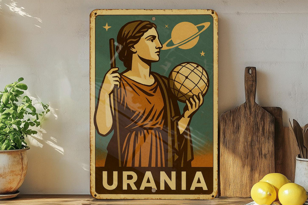 1930s Urania WPA-Style Metal Sign – Vintage Earthy Mid-Tone Tin Wall Art, Heroic Retro Design, Rustic Industrial Decor — photo 4
