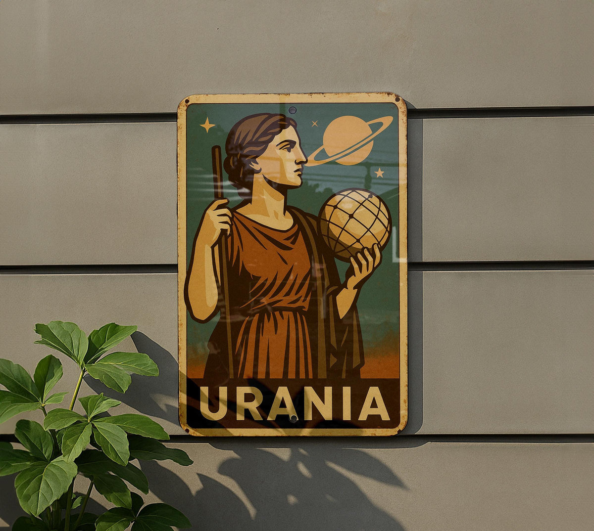 1930s Urania WPA-Style Metal Sign – Vintage Earthy Mid-Tone Tin Wall Art, Heroic Retro Design, Rustic Industrial Decor — photo 5