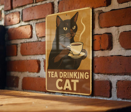 1930s WPA Tin Sign – Tea Drinking Cat Art, Vintage Metal Wall Decor, Rustic Mid-Century Style, Retro Kitchen Sign — photo 1