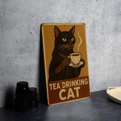 1930s WPA Tin Sign – Tea Drinking Cat Art, Vintage Metal Wall Decor, Rustic Mid-Century Style, Retro Kitchen Sign — photo 2