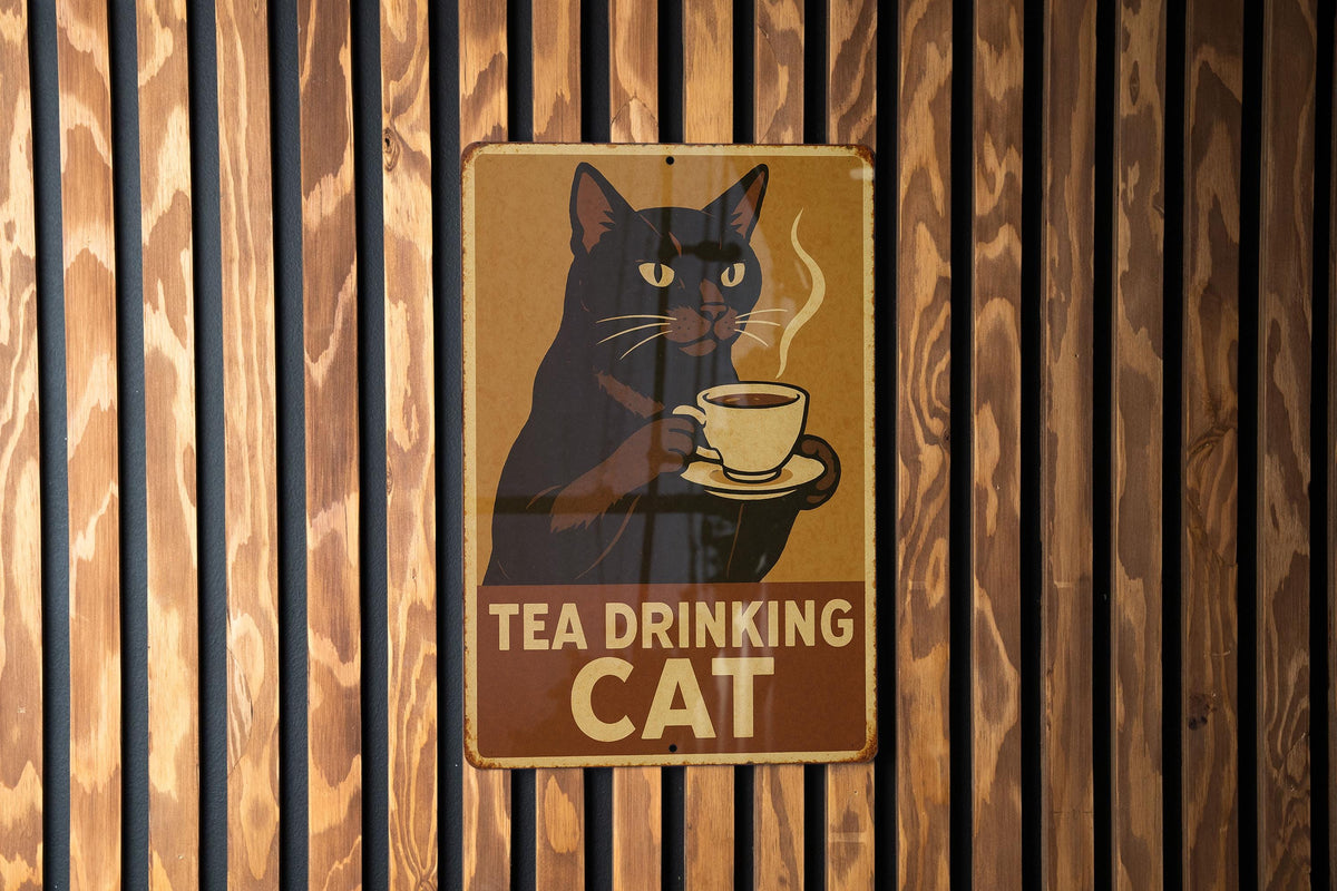 1930s WPA Tin Sign – Tea Drinking Cat Art, Vintage Metal Wall Decor, Rustic Mid-Century Style, Retro Kitchen Sign — photo 3