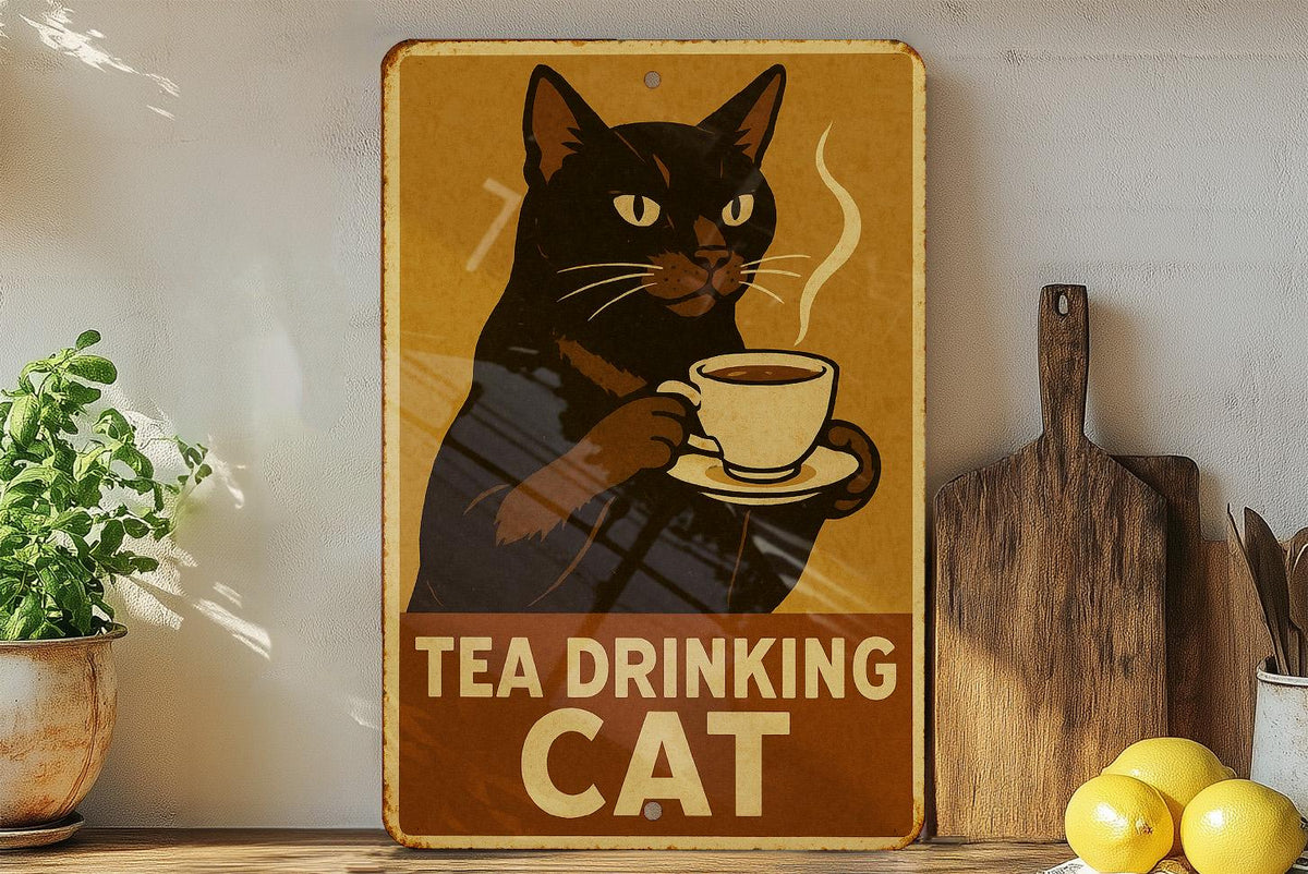 1930s WPA Tin Sign – Tea Drinking Cat Art, Vintage Metal Wall Decor, Rustic Mid-Century Style, Retro Kitchen Sign — photo 4
