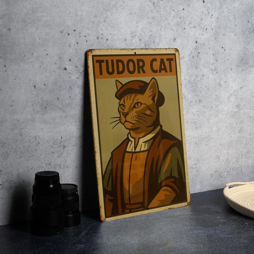1930s Tudor Cat WPA Tin Sign – Vintage Metal Wall Art with Rustic Edges, Mid-Century Colors, Retro Heroic Style Decor — photo 1